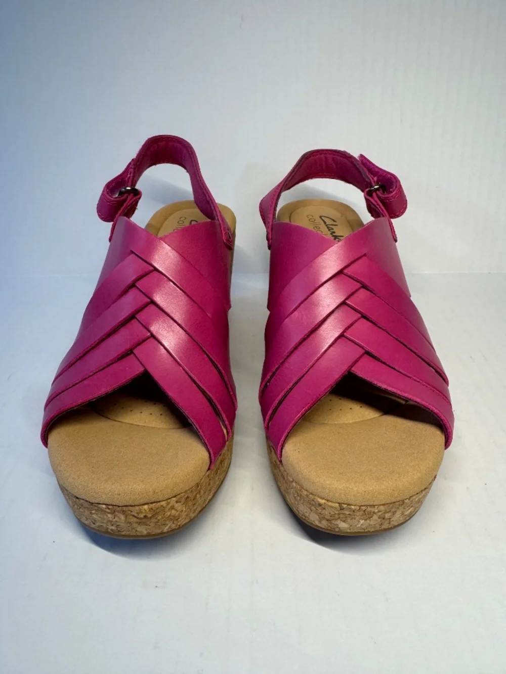 Clarks Pink Leather Wedge Sandals Cork Heel Size 6 Comfort Slingback NWOB